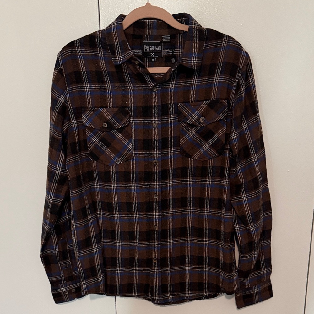 Men's Brown and Blue Plaid Button-Down Shirt